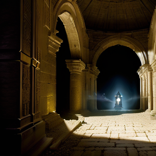 A stunning wide shot of a dusty crypt bathed in a cinematic slant of light, revealing a regal sword lodged in an ancient stone, the hilt glistening with the promise of a long-forgotten tale.